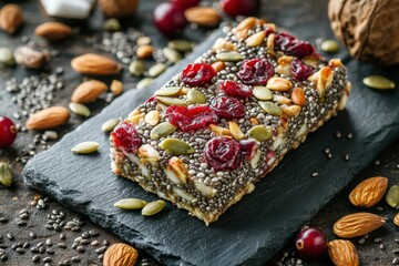 Vibrant superfood energy bar with chia seeds gourmet kitchen food photography rustic environment close-up view wellness concept for healthy living