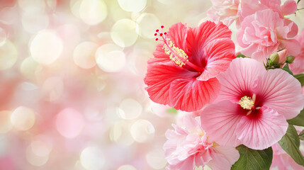Fototapeta premium Intense red hibiscus and soft pink camellias create dreamy floral scene