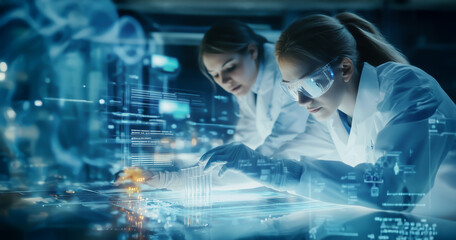 Two scientists in a high-tech lab analyzing samples with digital holographic data overlays, representing innovation and cutting-edge research.