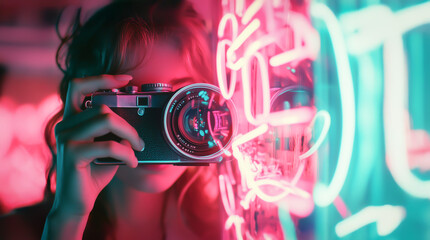A person peers through a classic film camera, surrounded by glowing neon signs, capturing the essence of retro-futuristic photography.