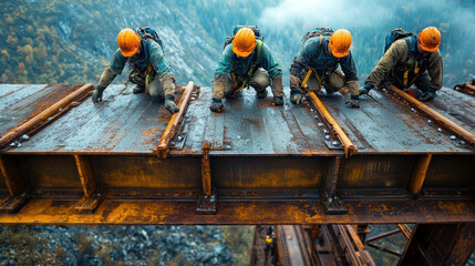 Construction workers in safety harnesses installing steel beams on a bridge