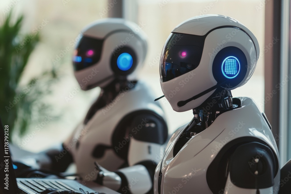 Poster advanced humanoid robots engaged in computer work in a modern office setting