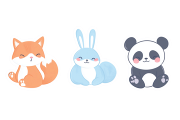 A delightful collection of cartoon-style animal stickers with a fox, a bunny, and a panda, drawn in a minimalist and modern aesthetic with soft gradients and rounded edges.