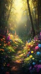 Obraz premium A magical forest path illuminated by sunlight, surrounded by colorful wildflowers and dense greenery, creating a tranquil atmosphere.