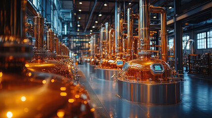 Intricate exposed pipes crisscrossing a brewery production floor