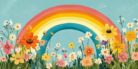 Fototapeta premium A vivid rainbow stretches over a field of diverse wildflowers, creating a cheerful and tranquil spring scene.