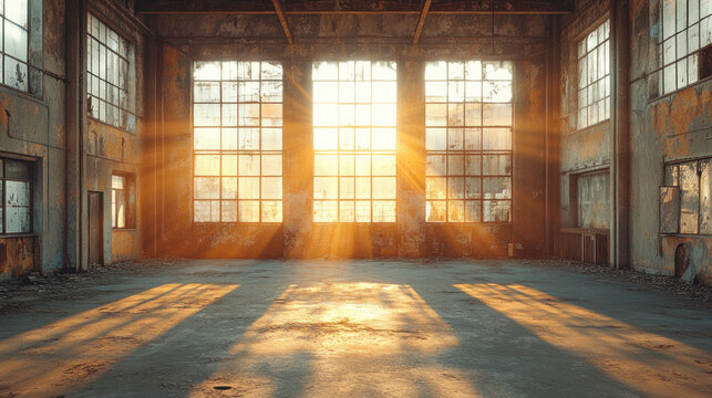 The interior of an abandoned warehouse with sunlight streaming through cracked walls