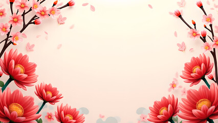 Fototapeta premium Floral Background with Cherry Blossoms and Red Flowers. Spring, Nature, and Asian Inspired Design.