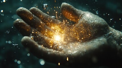 A hand cradles a glowing spark amidst swirling water and particles.