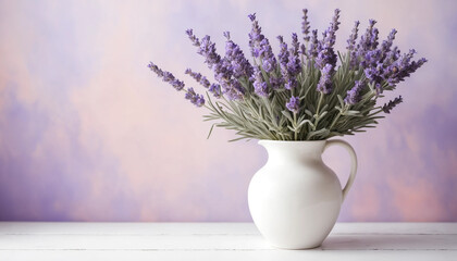 Lavender flowers in a white vase with blurred pastel background with copyspace
