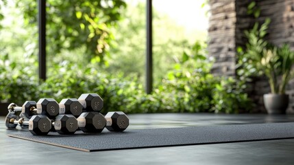 Fototapeta na wymiar Dumbbells on mat, in a lush, green gym with large windows.