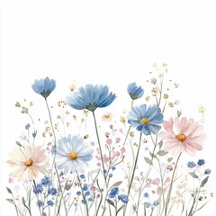 Obraz premium Watercolor Floral Illustration with Blue and Pink Flowers