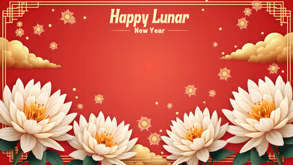 Obraz premium Happy Lunar New Year Background with Lotus Flowers. Chinese New Year Celebration.