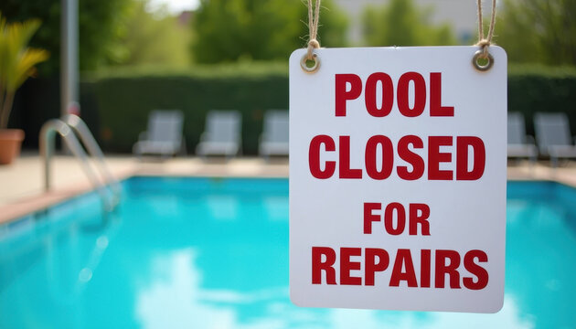 A public pool with still water and a large sign hanging: POOL CLOSED FOR REPAIRS.