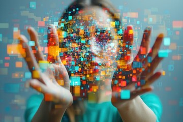 Businesswoman interacting with colorful digital data flow in futuristic technology concept