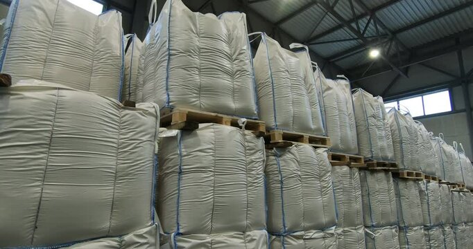 Fertilizer warehouse. Storage of fertilizers in bags for further use in agriculture.