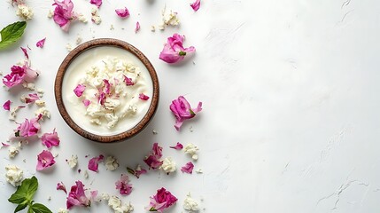 Rose petals in creamy yogurt bowl, spa treatment,  white background, wellness.