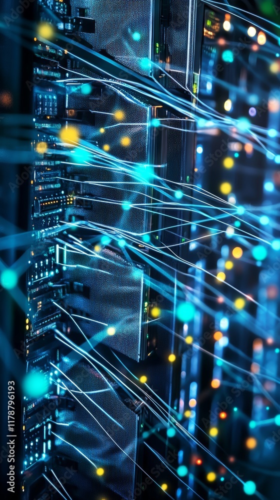 Poster explore an intricate digital network visual featuring interconnected data nodes illuminated by vibra