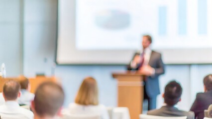 Seminar Speaker and Audience – A professional speaker engaging with a blurred audience at a seminar.
