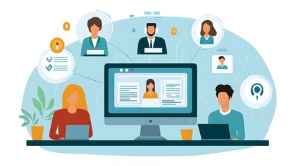 Remote team collaboration.  People work together online using laptops and video conferencing.  Efficient communication and project management are depicted.