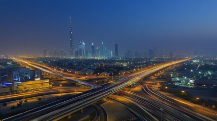 Fototapeta premium Blurred motion effect of a highway with streaks of car lights, conveying high-speed movement against a nighttime cityscape