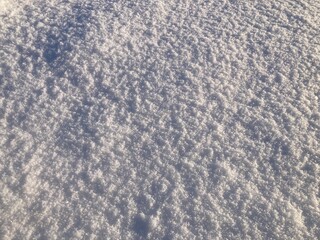 A close-up of fresh snow sparkling in the coldest of winters. Powder snow. Flat snow surface.