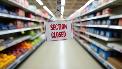 A supermarket aisle with shelves half-stocked and a sign hanging: SECTION CLOSED.