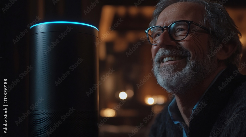 Poster a retired couple explores voice-activated smart home devices, integrating elderly technology for con