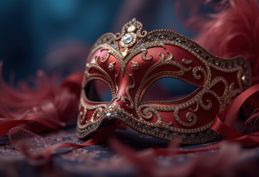 Intricate red and gold masquerade mask with feathers.