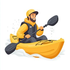 Kayaking Adventure: Man paddling in a yellow kayak on calm water, enjoying a serene outdoor experience.
