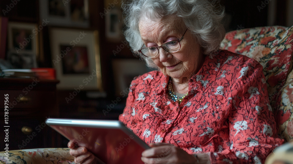 Aufkleber a senior woman learns to use a stylus on her tablet for digital art, an example of creative elderly 