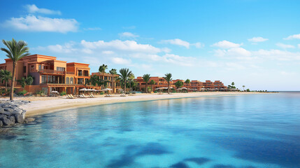  luxurious beachfront resort with palm trees and clear blue water for travel and vacation promotions