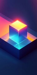 A glowing neon cube with colorful gradient lighting sits on a geometric platform, creating a futuristic and abstract visual in a dark setting.