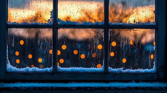 A frosty window framing a sunset with glowing lights in the background.