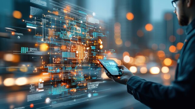 Autonomous vehicle testing ai code urban environment digital innovation futuristic cityscape human interaction intelligent technology advancements