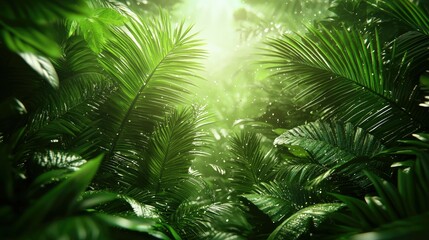Fototapeta premium Lush Rainforest: Tropical Green Paradise, Nature Photography, Exotic Plants, Summer Sunlight, Vibrant Jungle Scene