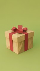 A cardboard box with a red ribbon on top of it. The box is brown and has a green background