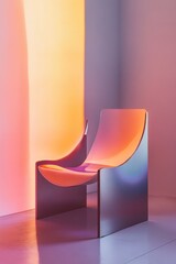 Sleek modern chair illuminated by colorful gradient lighting, showcasing minimalist design in a contemporary space.