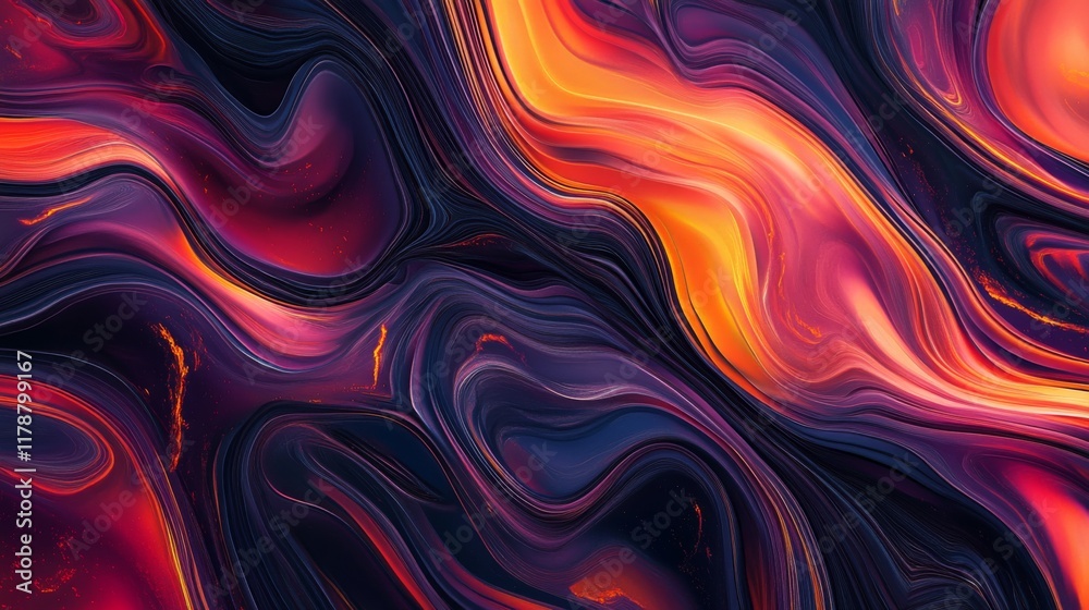 Poster colorful wave patterns with gradient effects, creating fluid, dynamic lines across a black backgroun