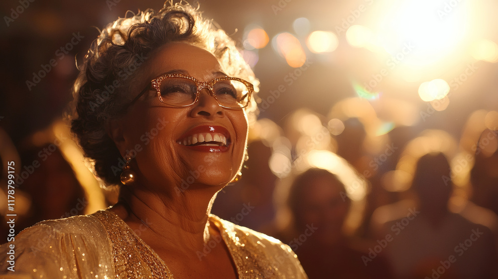 Poster active aging lifestyles emphasized through seniors participating in a dance class together stock pho