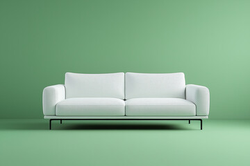 Sofa, front view, three-seat sofa with white fabric and black metal legs on a green background, modern minimalist style, soft lighting, high-resolution photography, hyper-realistic