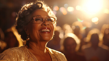 Active aging lifestyles emphasized through seniors participating in a dance class together Stock Photo with side copy space