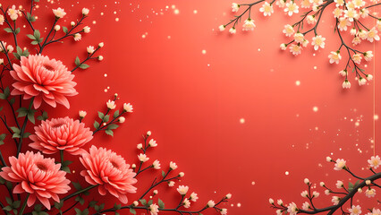 Chinese New Year Background with Pink Flowers and Red Background. Concept of Celebration, Prosperity, and Spring.
