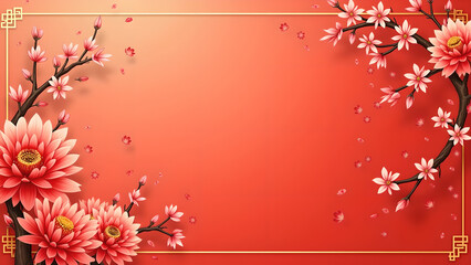 Chinese New Year Background with Cherry Blossoms and Lotus Flowers.  Concept of Spring, Celebration, and Prosperity.