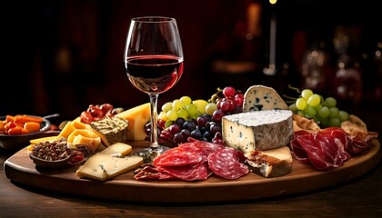  glass of red wine with a charcuterie board in the background-