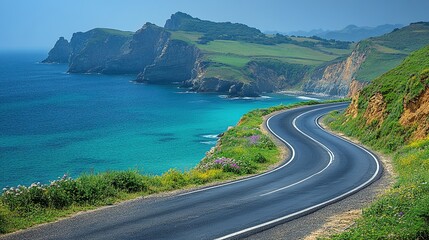Scenic coastal road winding along a turquoise sea and green cliffs.