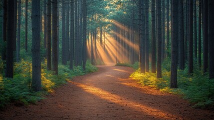 Fototapeta premium A serene forest path illuminated by soft sunlight filtering through trees.