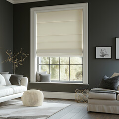 Photo of a cream Roman blind in an elegant, modern living room with grey walls and white furniture. The window is large and has natural light shining through the blinds. There's al