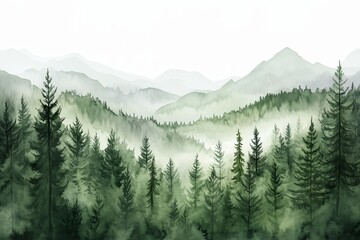 Fototapeta premium Watercolor depiction of a forest with mountains and pine trees in a lush green landscape