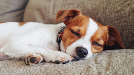 Obraz premium Jack Russell Terrier Intelligent and trainable theme, Sleeping Jack Russell Terrier resting peacefully on cozy couch